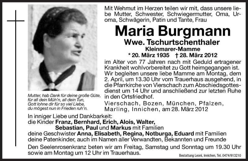  Traueranzeige für Maria Tschurtschenthaler vom 30.03.2012 aus Dolomiten