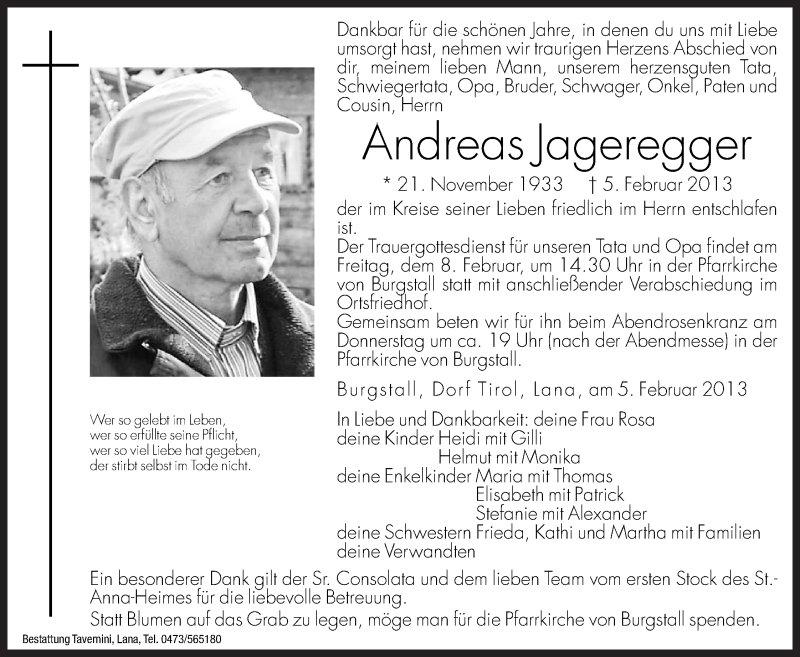  Traueranzeige für Andreas Jageregger vom 07.02.2013 aus Dolomiten