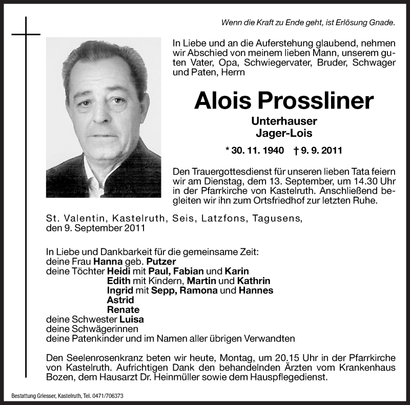  Traueranzeige für Alois Prossliner vom 12.09.2011 aus Dolomiten