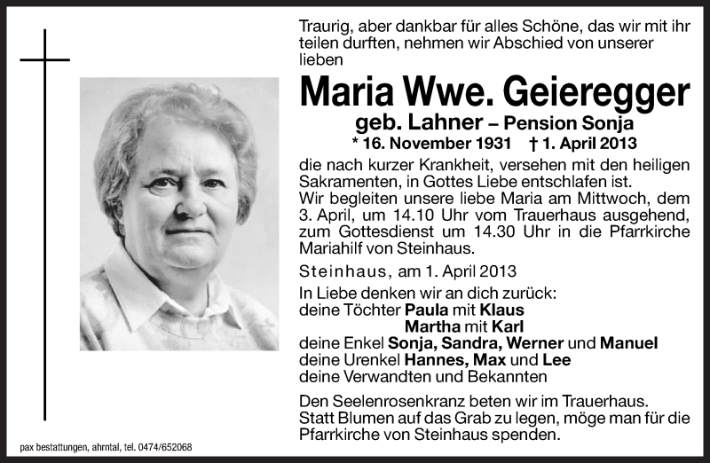  Traueranzeige für Maria Geieregger vom 02.04.2013 aus Dolomiten