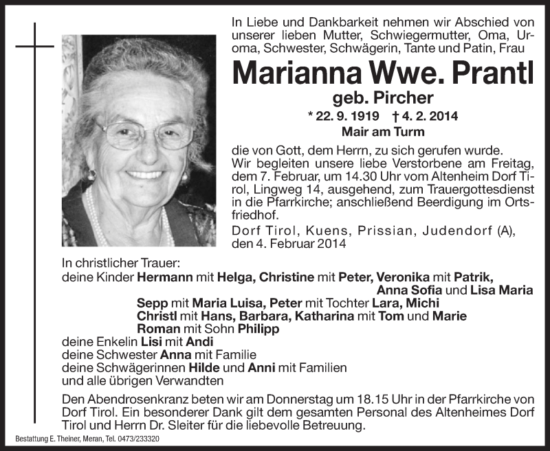  Traueranzeige für Marianne Prantl vom 06.02.2014 aus Dolomiten