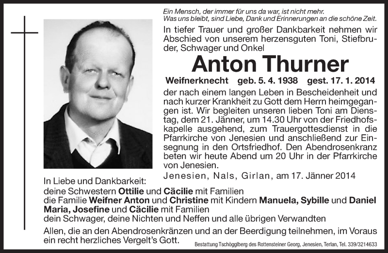  Traueranzeige für Anton Thurner vom 20.01.2014 aus Dolomiten