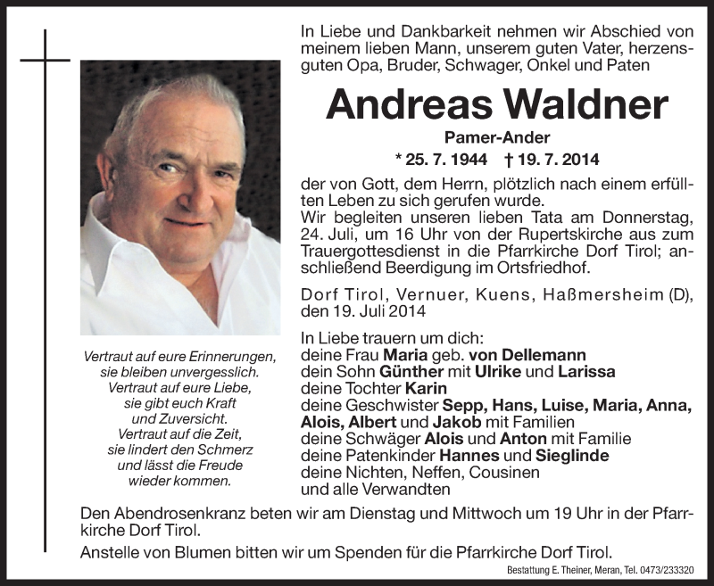  Traueranzeige für Andreas Waldner vom 22.07.2014 aus Dolomiten