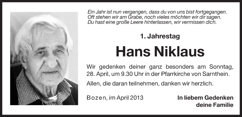  Traueranzeige für Hans Niklaus vom 26.04.2013 aus Dolomiten