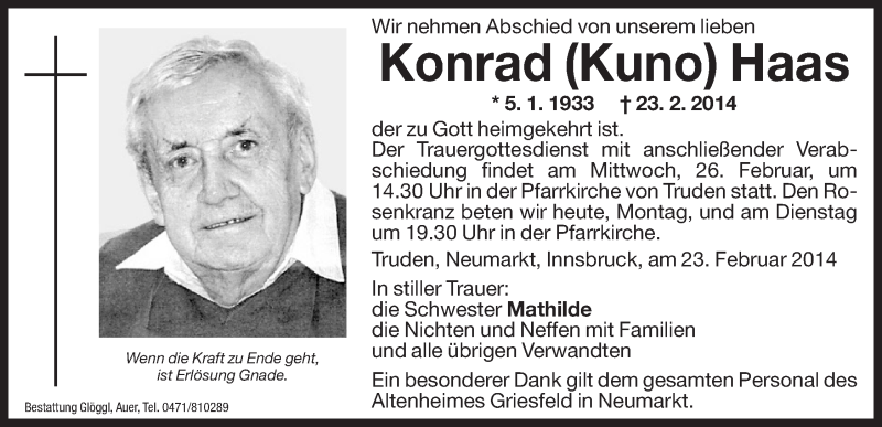  Traueranzeige für Konrad Haas vom 24.02.2014 aus Dolomiten