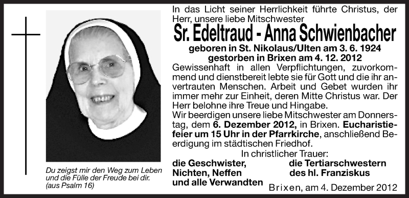  Traueranzeige für Anna Schwienbacher vom 05.12.2012 aus Dolomiten