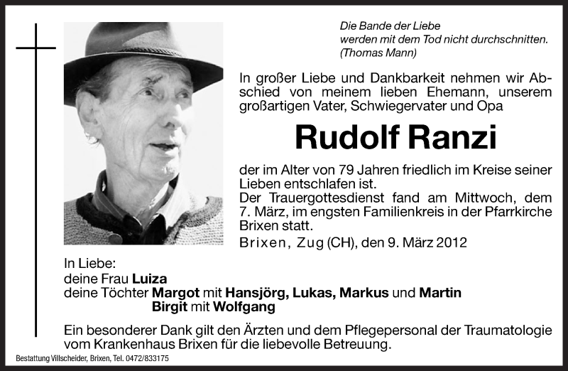  Traueranzeige für Rudolf Ranzi vom 09.03.2012 aus Dolomiten