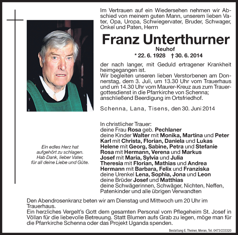  Traueranzeige für Franz Unterthurner vom 01.07.2014 aus Dolomiten