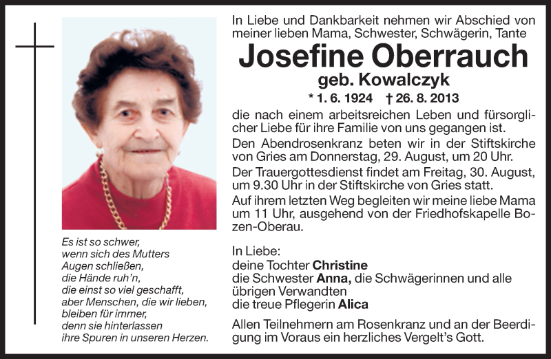  Traueranzeige für Josefine Oberrauch vom 28.08.2013 aus Dolomiten