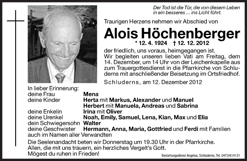  Traueranzeige für Alois Höchenberger vom 13.12.2012 aus Dolomiten