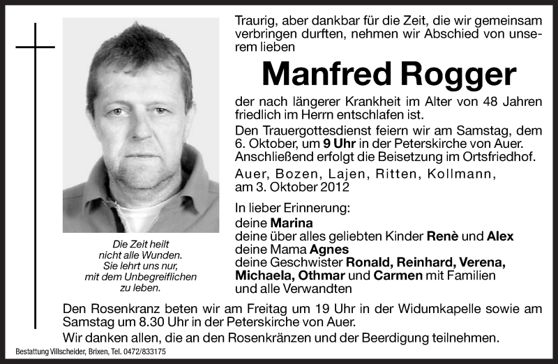  Traueranzeige für Manfred Rogger vom 05.10.2012 aus Dolomiten