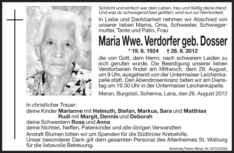  Traueranzeige für Maria Verdorfer vom 27.08.2012 aus Dolomiten