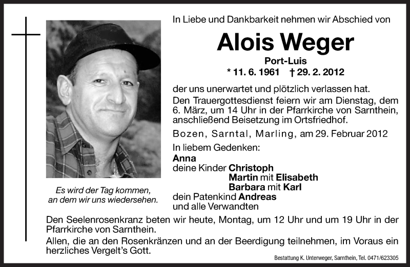  Traueranzeige für Alois Weger vom 05.03.2012 aus Dolomiten