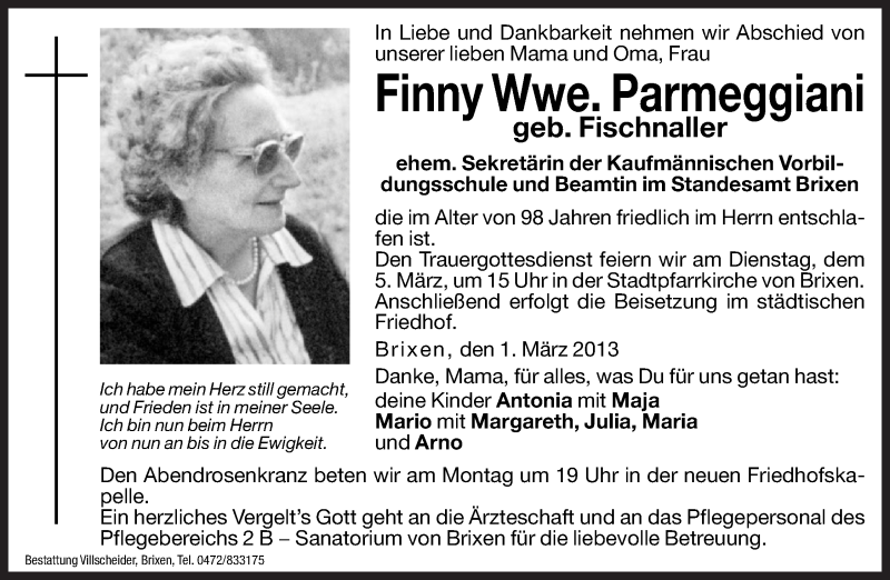  Traueranzeige für Finny Parmeggiani vom 04.03.2013 aus Dolomiten