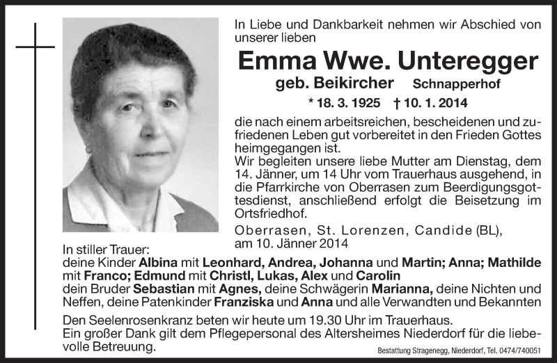  Traueranzeige für Emma Unteregger vom 13.01.2014 aus Dolomiten