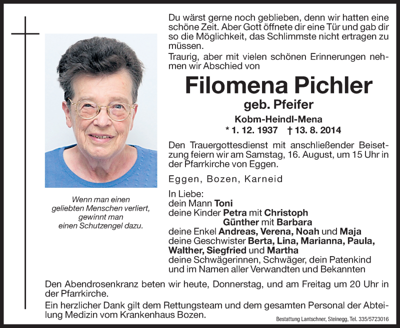  Traueranzeige für Filomena Pichler vom 14.08.2014 aus Dolomiten