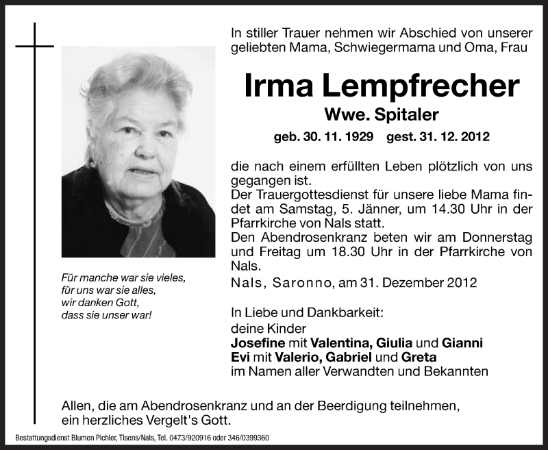  Traueranzeige für Irma Spitaler vom 02.01.2013 aus Dolomiten