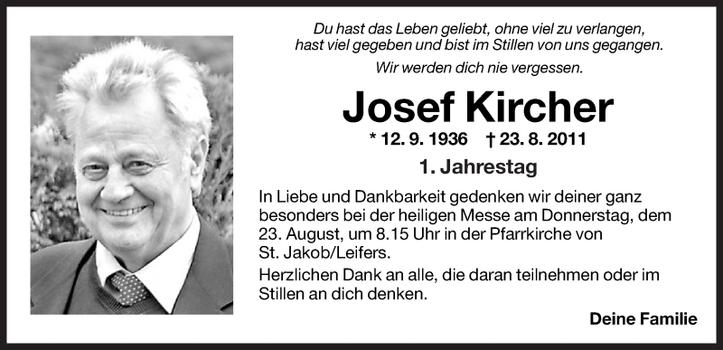  Traueranzeige für Josef Kircher vom 01.01.0001 aus Dolomiten