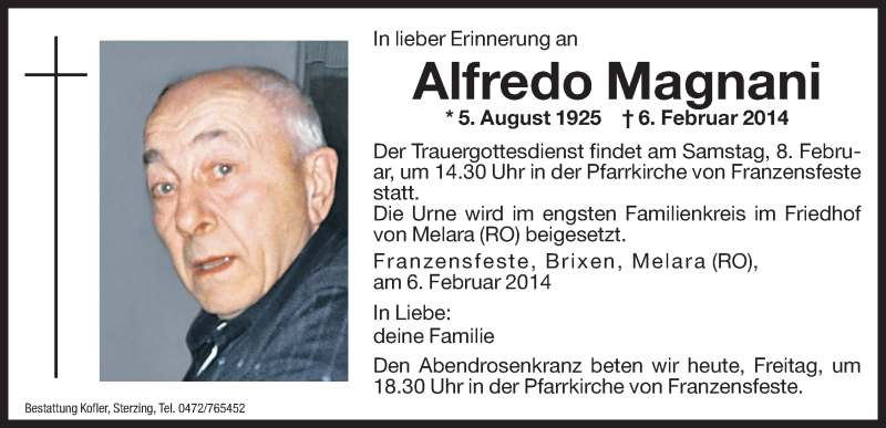  Traueranzeige für Alfredo Magnani vom 07.02.2014 aus Dolomiten