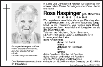 Traueranzeige von Rosa Haspinger von Dolomiten