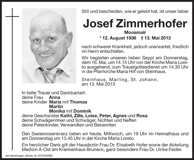  Traueranzeige für Josef Zimmerhofer vom 15.05.2013 aus Dolomiten