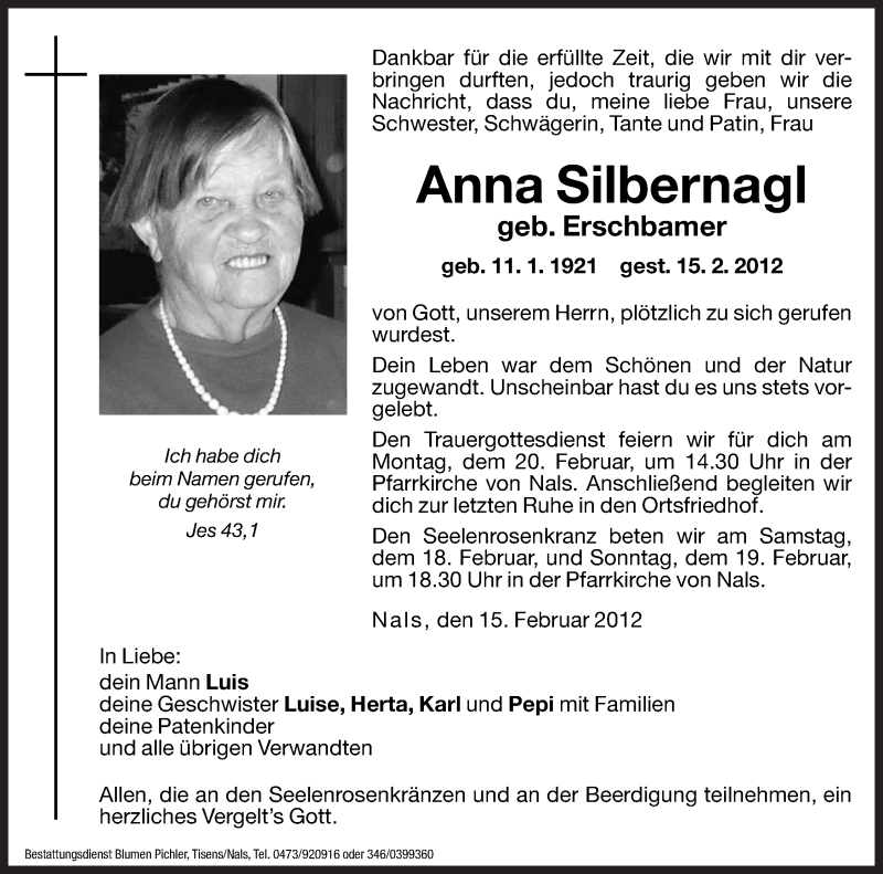  Traueranzeige für Anna Silbernagl vom 17.02.2012 aus Dolomiten