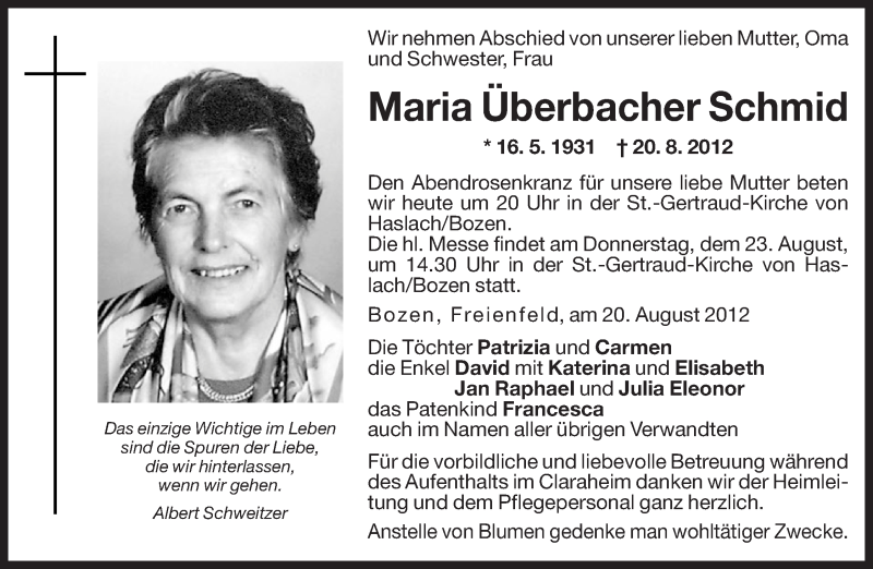  Traueranzeige für Maria Überbacher Schmid vom 01.01.0001 aus Dolomiten