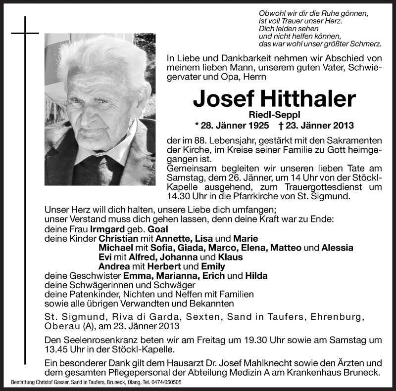  Traueranzeige für Josef Hitthaler vom 25.01.2013 aus Dolomiten