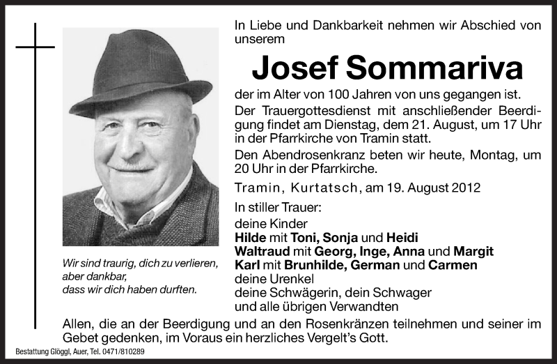  Traueranzeige für Josef Sommariva vom 20.08.2012 aus Dolomiten