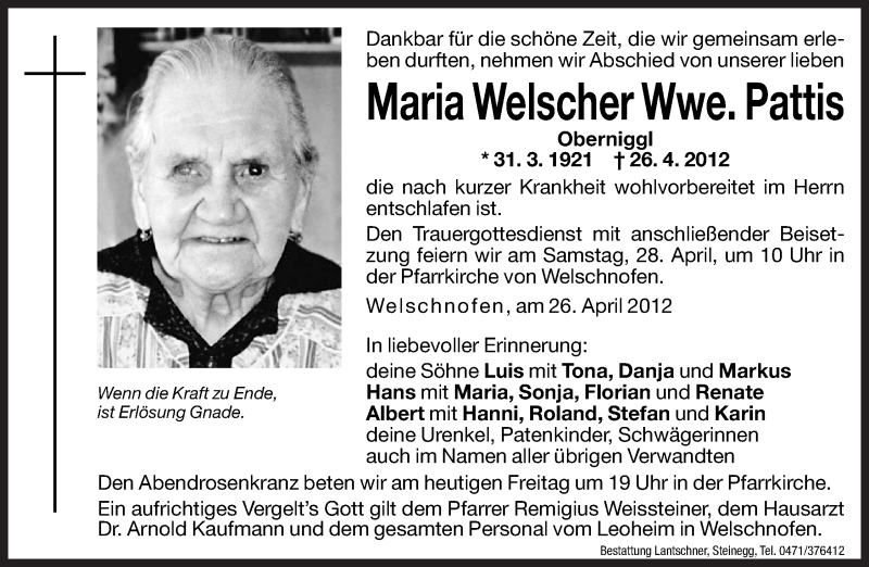  Traueranzeige für Maria Pattis vom 27.04.2012 aus Dolomiten