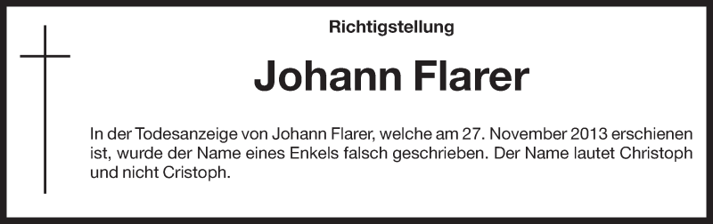  Traueranzeige für Johann Flarer vom 28.11.2013 aus Dolomiten