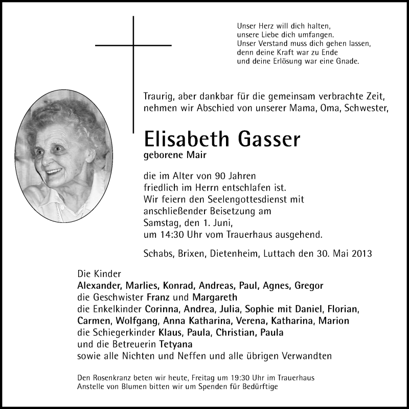  Traueranzeige für Elisabeth Gasser vom 31.05.2013 aus Dolomiten