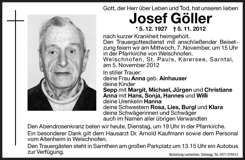  Traueranzeige für Josef Göller vom 06.11.2012 aus Dolomiten