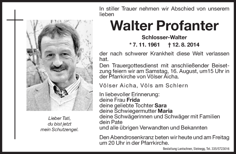  Traueranzeige für Walter Profanter vom 14.08.2014 aus Dolomiten