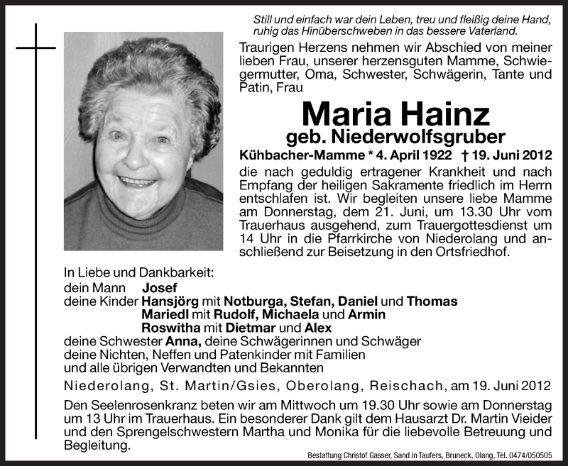  Traueranzeige für Maria Hainz vom 20.06.2012 aus Dolomiten