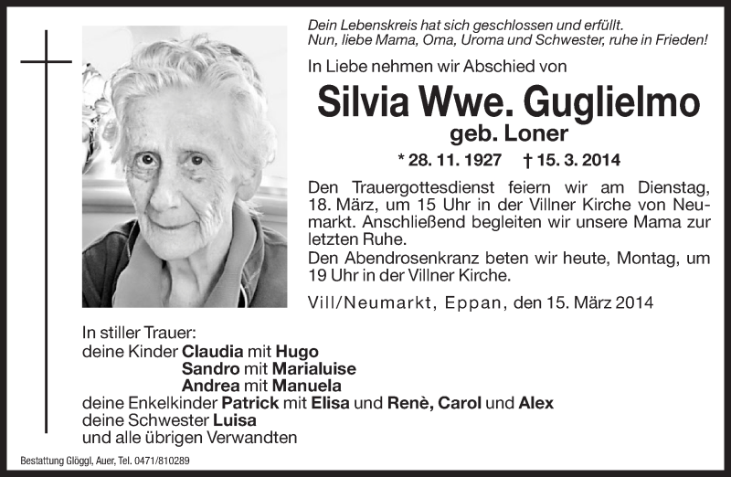  Traueranzeige für Silvia Guglielmo vom 17.03.2014 aus Dolomiten