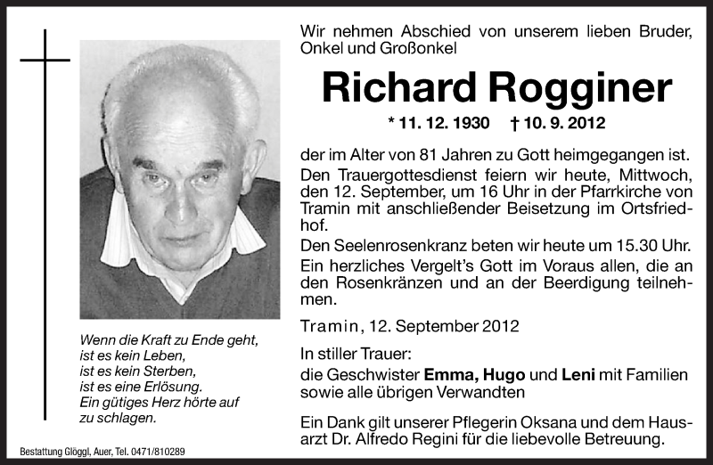  Traueranzeige für Richard Rogginer vom 12.09.2012 aus Dolomiten