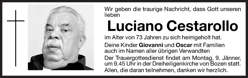  Traueranzeige für Luciano Cestarollo vom 07.01.2012 aus Dolomiten