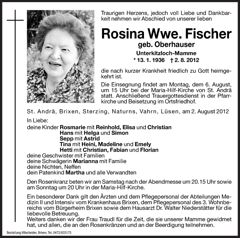  Traueranzeige für Rosina Fischer vom 03.08.2012 aus Dolomiten