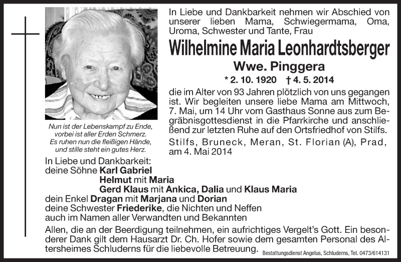  Traueranzeige für Wilhelmine Maria Pinggera vom 06.05.2014 aus Dolomiten