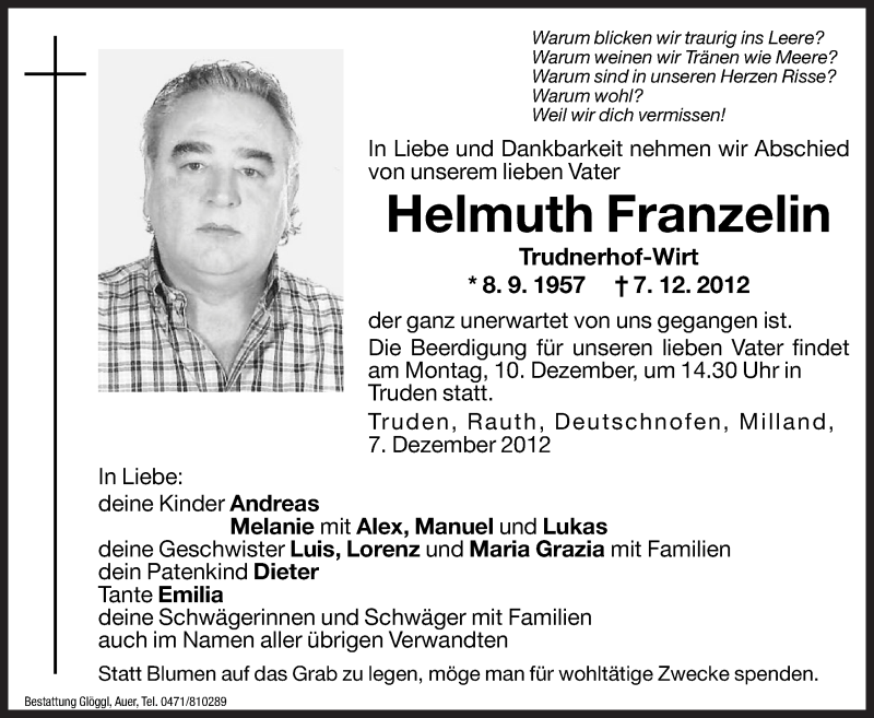  Traueranzeige für Helmuth Franzelin vom 10.12.2012 aus Dolomiten