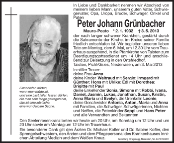 Traueranzeige von Peter Johann Grünbacher von Dolomiten