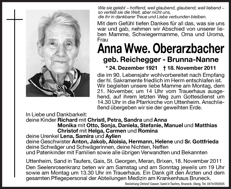  Traueranzeige für Anna Oberarzbacher vom 19.11.2011 aus Dolomiten