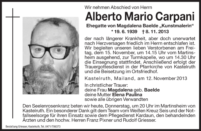  Traueranzeige für Alberto Mario Carpani vom 14.11.2013 aus Dolomiten