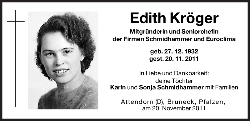  Traueranzeige für Edith Kröger vom 22.11.2011 aus Dolomiten