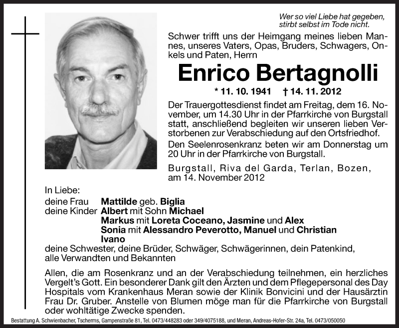 Traueranzeigen Von Enrico Bertagnolli | Trauer.bz