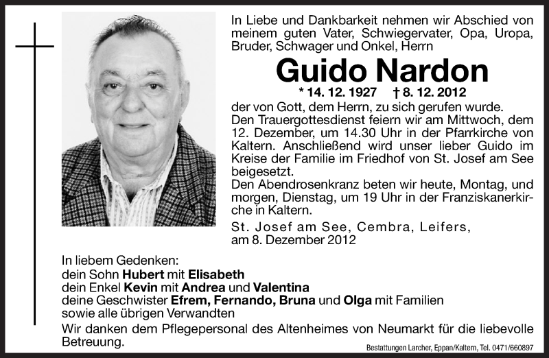  Traueranzeige für Guido Nardon vom 10.12.2012 aus Dolomiten