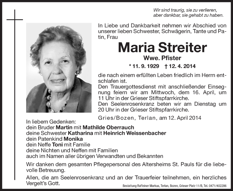  Traueranzeige für Maria Pfister vom 14.04.2014 aus Dolomiten