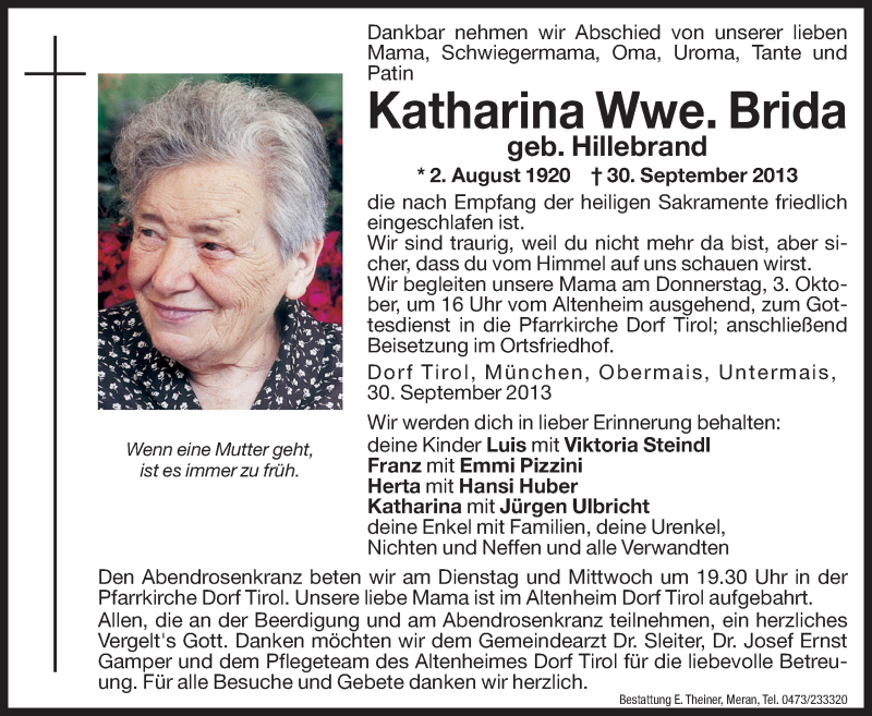  Traueranzeige für Katharina Brida vom 01.10.2013 aus Dolomiten