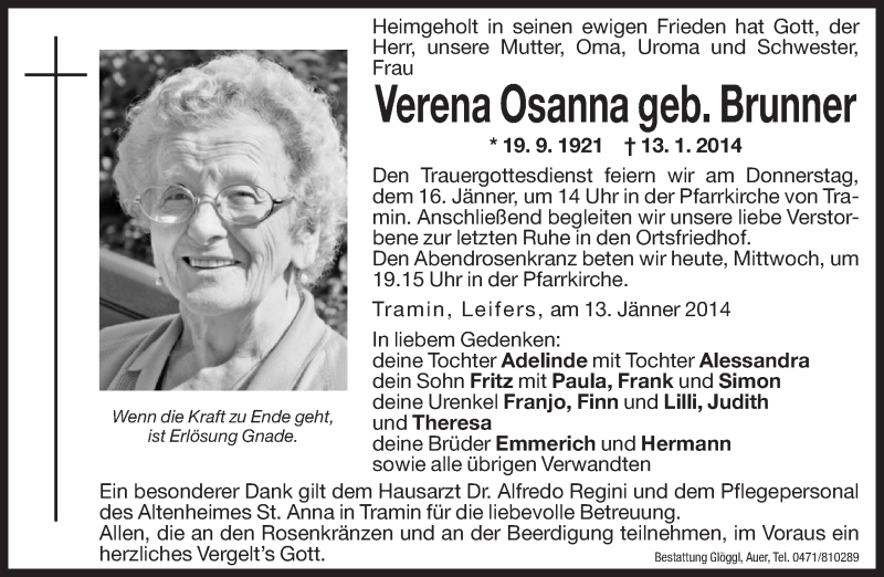  Traueranzeige für Verena Osanna vom 15.01.2014 aus Dolomiten